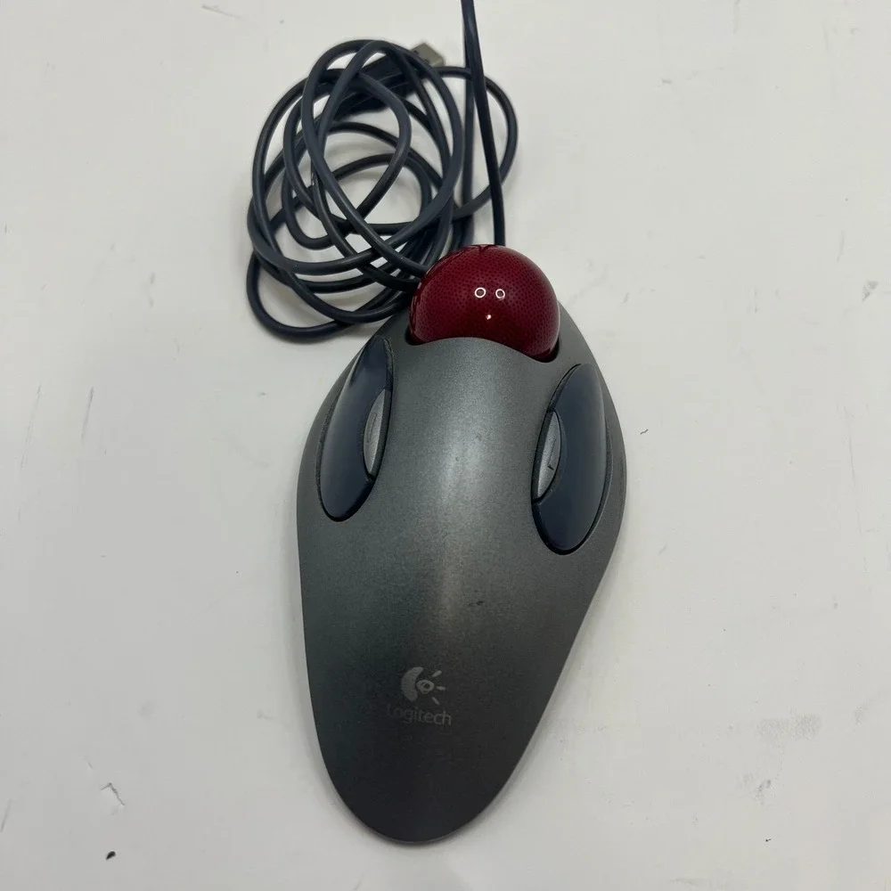 Logitech Marble Mouse USB Trackball T-BC21 Grey Red Ambidextrous Wired T-BC21